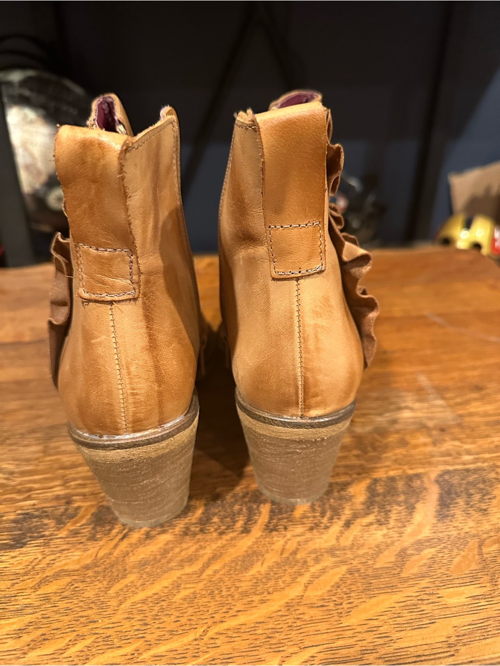 Women's Tan Leather Ankle Booties with Ruffle Side Detail - Picture 6 of 8
